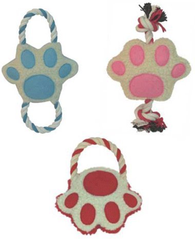 3 Assorted Plush Paw Dog toys on Tug Rope