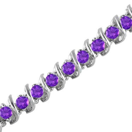 Women's 1 Ct. Natural Amethyst Gemstone S - Link Style Tennis Bracelet in 14K White Gold 7 Inches Long Round Cut