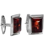 Mens Sterling Silver Cherry Amber Rectangular Classic Cuff Links