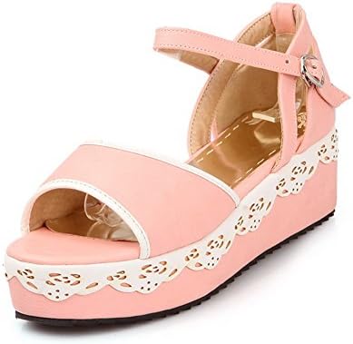 QueenFam Womens Open Toe Kitten Heel Platform PU Soft Material Assorted Colors Sandals with Buckle, Pink, 35