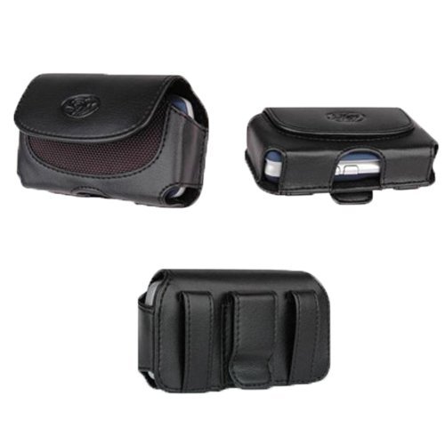 Premium High Quality Leather Horizontal Large Size Pouch Protective Carrying Cell Phone Case with Belt Clip and Belt Loops - Black