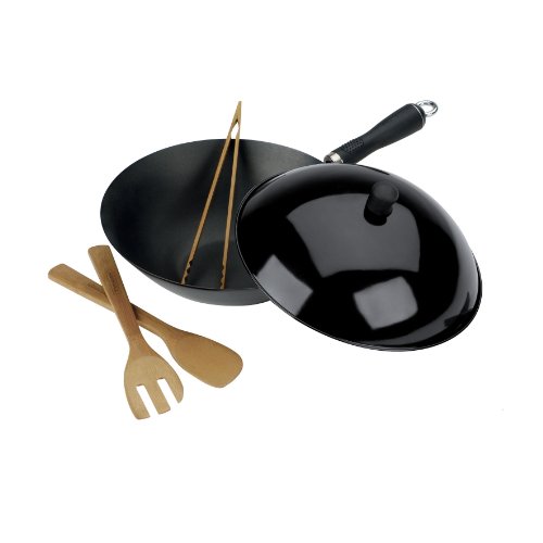 High Quality Typhoon Carbon Steel Lid Gloss Black Non-Stick Wok Set, 30cm/12inch - 5 Pieces