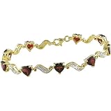 Yellow Gold Plated Diamond and Heart Shape Garnet Bracelet, 7