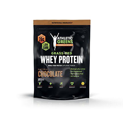 Athletic Greens Grass-Fed Whey Protein, Natural Chocolate - Deliciously Smooth Protein Shake, 100% grass-fed (no hormones, certified no GMOs), 20g of Protein Per Serving, 583 grams Athletic Greens Grass-Fed Whey Protein, Natural Chocolate - Deliciously Smooth Protein Shake, 100% grass-fed (no hormones, certified no GMOs), 20g of Protein Per Serving, 583 grams