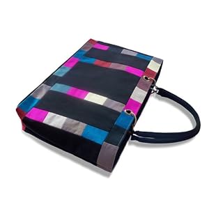 Handbag Heaven sacoche d'ordinateur portable, sac d'étude ou grand fourre-tout en daim noir avec des décorations colorées en satin