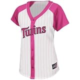 MLB Women's Minnesota Twins Short Sleeve 5 Button Synthetic Replica Baseball Jersey (White & Pink Splash Pinstripes/Pink Splash, Small)