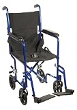 Drive Medical EXP19LTBL Lightweight Expedition Transport Wheelchair Blue with Hand Brakes, Blue, Size 19
