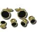 Geoffrey Beene Genuine Black Onyx Cufflink and Stud set with Cut Grooves Gold or Silver Trim