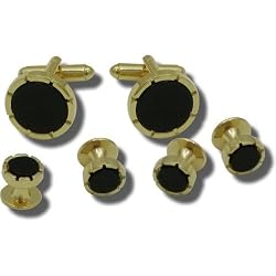 Geoffrey Beene Genuine Black Onyx Cufflink and Stud set with Cut Grooves Gold or Silver Trim