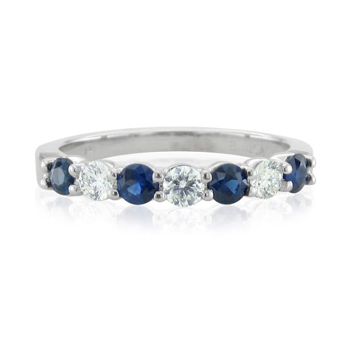 Natural Sapphire Diamond Wedding Ring in 18k White Gold 7 Stone Ring (G, SI1-SI2, 0.90 cttw) Certificate of Authenticity
