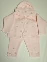 Cpk01, Knitted on Hand Knitted Machine Baby Pink Cotton Trimmed By Hand Crochet with Dark Brown Chenille Infant Girls Cardigan Sweater Pant Hat Set