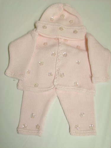 Cpk01, Knitted on Hand Knitted Machine Baby Pink Cotton Trimmed By Hand Crochet with Dark Brown Chenille Infant Girls Cardigan Sweater Pant Hat Set
