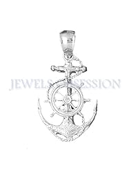 Rhodium-Plated 925 Sterling Silver Anchor With Ships Wheel Pendant