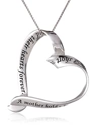 Sterling Silver "A Mother Holds Her Childs Hand For A Short While and Their Hearts Forever" Ribbon Heart Pendant Necklace, 18"