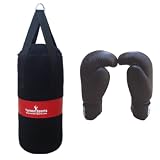 Canvas Punch Bags Set 2 feet Kickboxing Bags with Free Kick Boxing Gloves Hand Moulded Quality Rexion Material Red 10oz