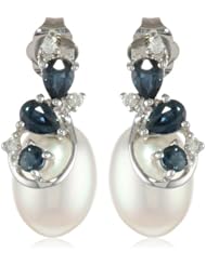 10k White Gold Sapphire, Freshwater Cultured Pearl and Diamond Earrings (0.06 cttw GH, Color, I2-I3 Clarity)