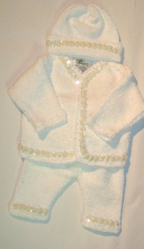 Knitted on Hand Knitting Machine Finished By Hand Crochet White Chenille Infant Girls Christening Outfit Cardigan Pant Hat Set Trimmed with Sequin Star Ribbons