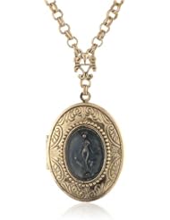 1928 Jewelry  Brass Indicolite Intaglio Locket Necklace, 32"