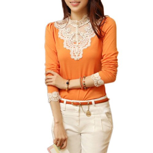 VOBAGA Women's Lace Spliced Shirt Long Sleeve Stand Collar Tops Blouse Orange Xl