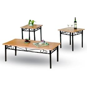 3 Piece Black Metal & Oak Coffee Table Set - Coffee Table 2 End Tables