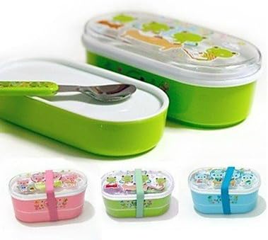 Plastic Children Double-deck Lunch Box With Spoon Random Color,15x8x8cm
