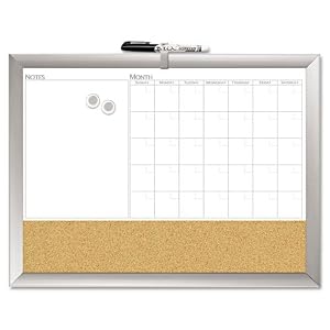 The Board Dudes Products – The Board Dudes – Magnetic Dry Erase 3-N-1 Board, Cork Area, 24 x 18, White w/Silver Frame – Sold As 1 Each – Unique design offers three functions. – Dry erase calendar for planning, notes area, and cork board. – Premium contemporary frame. – Magnetic surface adds extra function. – Includes hardware.