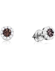 14K White Gold Round Brilliant Cut Chocolate Brown and White Diamond - Flower Shape Invisible & Channel Set Studs Earrings with Secure Screw Back Closure - (1.00 cttw.)