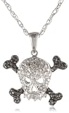 Sterling Silver Black and White Diamond Skull Pendant Necklace
