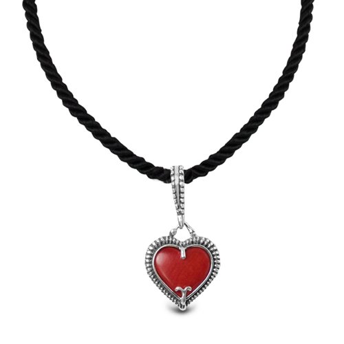 Valentines Day Gifts – Red Coral Heart Sterling Silver Charm on Black Cord Necklace Valentines Day Gift