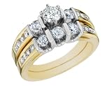 Three Stone Diamond Engagement Ring & Wedding Band Set 1 Carat in 14K Yellow Gold