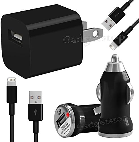 Phone Depot 2x High Quality USB Cable+Wall Adapter+Car Charger for iPhone 5/5S/5C, iPad Air/4/Mini, iPod Touch 5, iPod Nano 7 (Black)