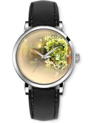 SPRAWL Aanalog Fashion Series Silver Ladies Watches of Genuine Black Leather Strap,Unique Wrist Watch for Women Girls Designed with Potted green leaves