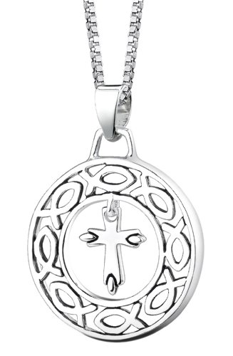 Sterling Silver “Surrounded By Love” Circle Pendant With Cross, 18″