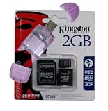 Secure Digital (SD) Multimedia Mobility Combo Kit of Kingston 2GB microSD, SD Adapter, miniSD adapter and USB (Secure Digitial) SD High Speed Purple Color Card Reader / Writer