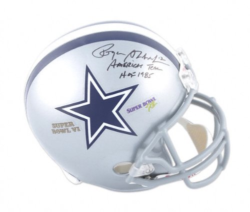 Roger Staubach Autographed Helmet | Details: Dallas Cowboys, SB VI and XII, HOF 1985 and America's Team Inscription, Riddell Replica Helmet