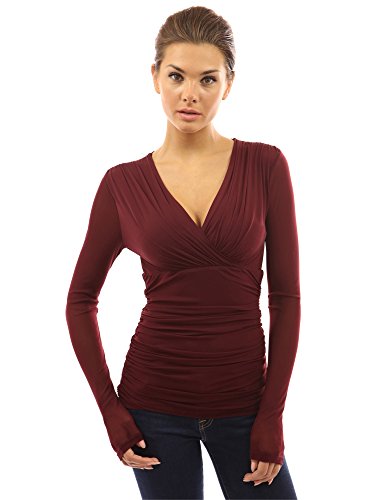 Patty Women's Mesh Long Sleeve Ruched V Neck Empire Waist Lined Blouse