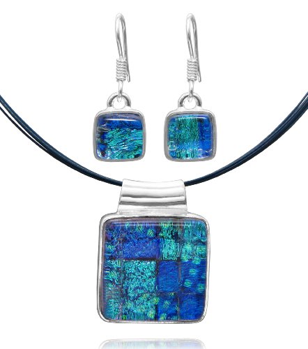 Sterling Silver Dichroic Glass Bezel-Set Blue and Green Mosaic Square-Shaped Pendant and Earrings Set, 18