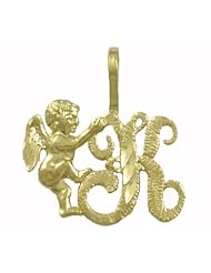 14K Solid Yellow Gold Initial K with Angel Charm Pendant
