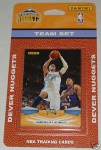 2009 10 Panini Basketball Denver Nuggets Team Set of 11 cards including Carmelo Anthony, Anthony Carter, Chauncey Billups, Chris Andersen, JR Smith, Kenyon Martin, Linas Kleiza, Arron Afflalo, Nene and 2 Ty Lawson Rookies!