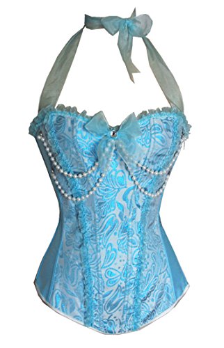 Overbust Lace up Back Turquoise and Silver Halterneck Fashion Corset Bustier Top