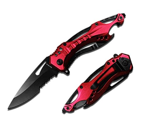Rogue River Tactical Red Police Style Rescue Folding Pocket Knife Multi Function Spring Assisted Opening Half-Serrated Black Blade, 4-1/2-Inch Closed Glass Breaker Bottle Opener Belt Clip