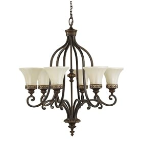 Murray Feiss F2224/6WAL Drawing Room Six-Light Chandelier in Walnut and Amber Snow Scavo Glass