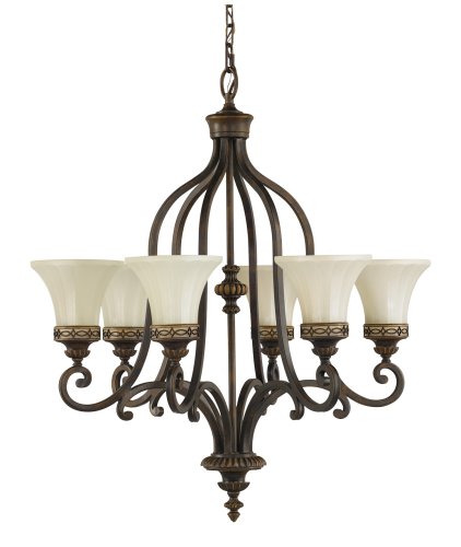 Murray Feiss F2224/6WAL Drawing Room Six-Light Chandelier in Walnut and Amber Snow Scavo Glass