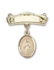 14K Gold Baby Badge with St. Catherine of Alexandria Charm and Arched Polished Badge Pin