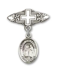 Sterling Silver Baby Badge with St. Valentine of Rome Charm and Badge Pin with Cross