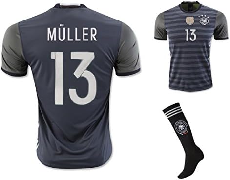 FS® #13 Muller Germany National Home/Away Kid Soccer Jersey with Matching Shorts &amp; Socks Set (Latest Season) (Youth M (for age 8-10), Away (Greyish Green))