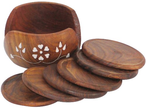 Wooden Round Coasters Hand Crafted Embedded Plastic Florals Motifs Carvings Set of 6 Pcs