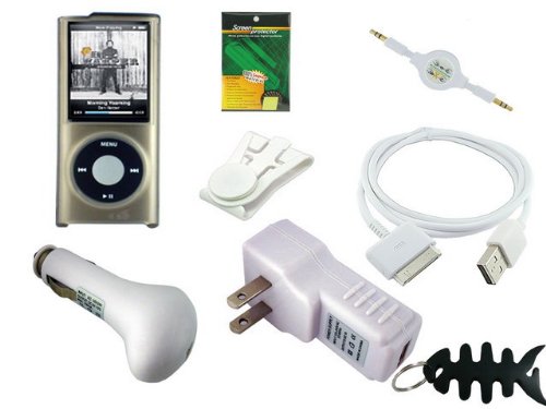 iShoppingdeals- 8 items Value Combo for Apple ipod nano Chromatic 4th Generation 8GB/16GB Series ,Includes:(Universal Car Charger + Universal Wall Charger +Straight usb data cable + Smoke Crystal Case + 3.5mm~3.5mm White Retractable Auxiliary cable +Blet Clip + Screen Protector + Fishbone Style Keychain)