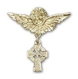 14kt Gold Baby Badge with Celtic Cross Charm and Angel w/Wings Badge Pin