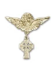 14K Gold Baby Badge with Celtic Cross Charm and Angel with Wings Badge Pin